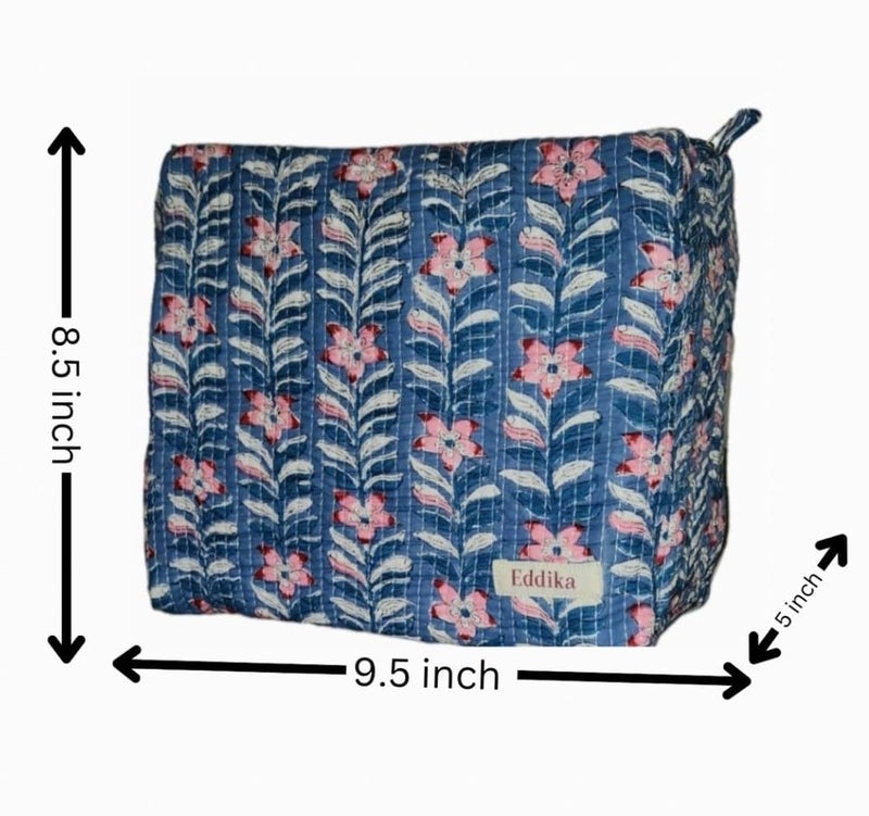 Eddika Quilted Hand Block Printed Cotton Multipurpose Extra Large Cosmetic Bags for Storage Travel Kit Makeup PouchesToiletry Bag eeltpcb08 - Image 3