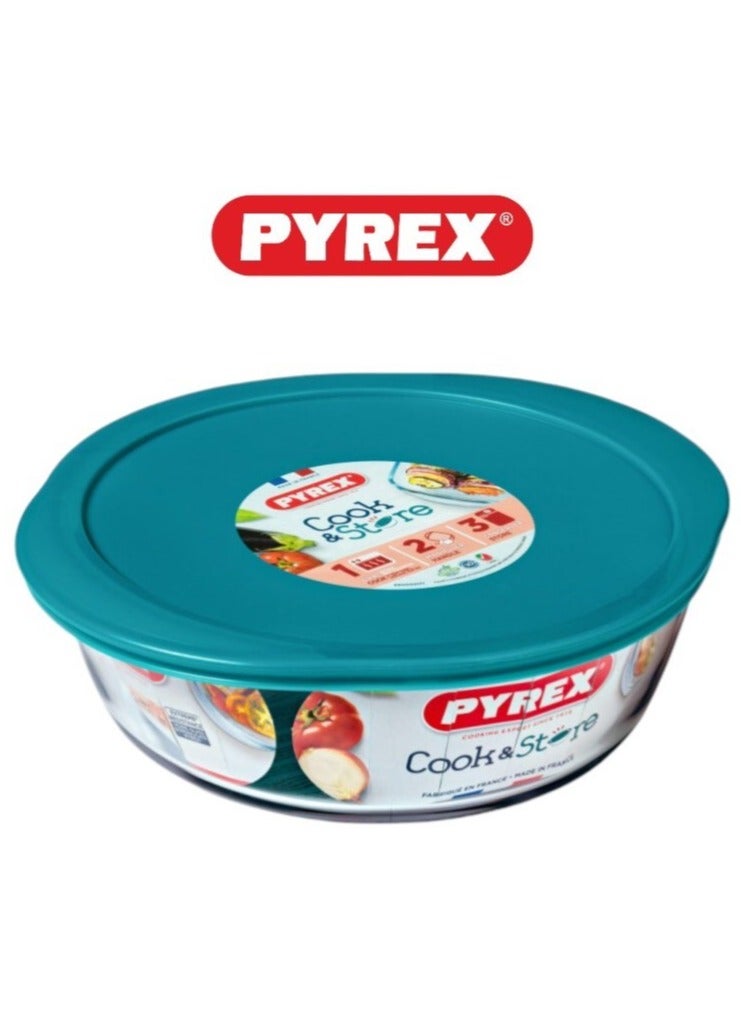 Pyrex Cook & Store Round Roaster with Lid - 2.3L Capacity for Versatile Cooking and Storing Green 2.3Liters - Image 1