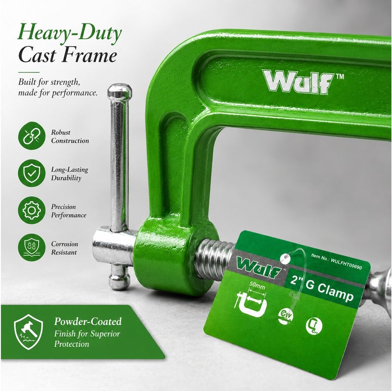 WULF 2-Inch Heavy-Duty G-Clamp 50mm Industrial Grade Chrome Vanadium Steel with High-Torque Screw Mechanism, Professional Clamping Tool for Metalworking, Woodworking, Welding & DIY Projects - Image 2