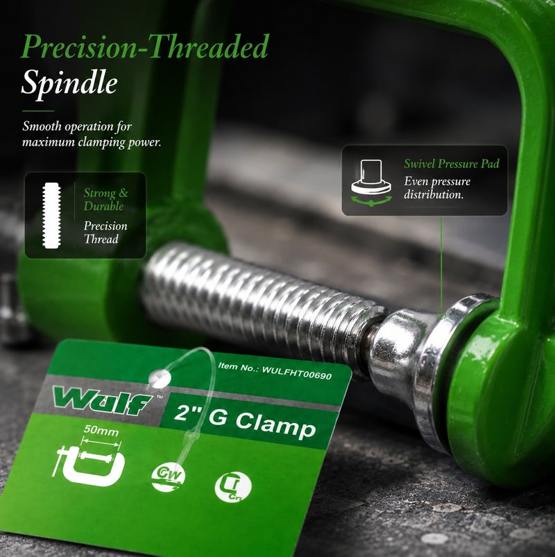 WULF 2-Inch Heavy-Duty G-Clamp 50mm Industrial Grade Chrome Vanadium Steel with High-Torque Screw Mechanism, Professional Clamping Tool for Metalworking, Woodworking, Welding & DIY Projects - Image 3