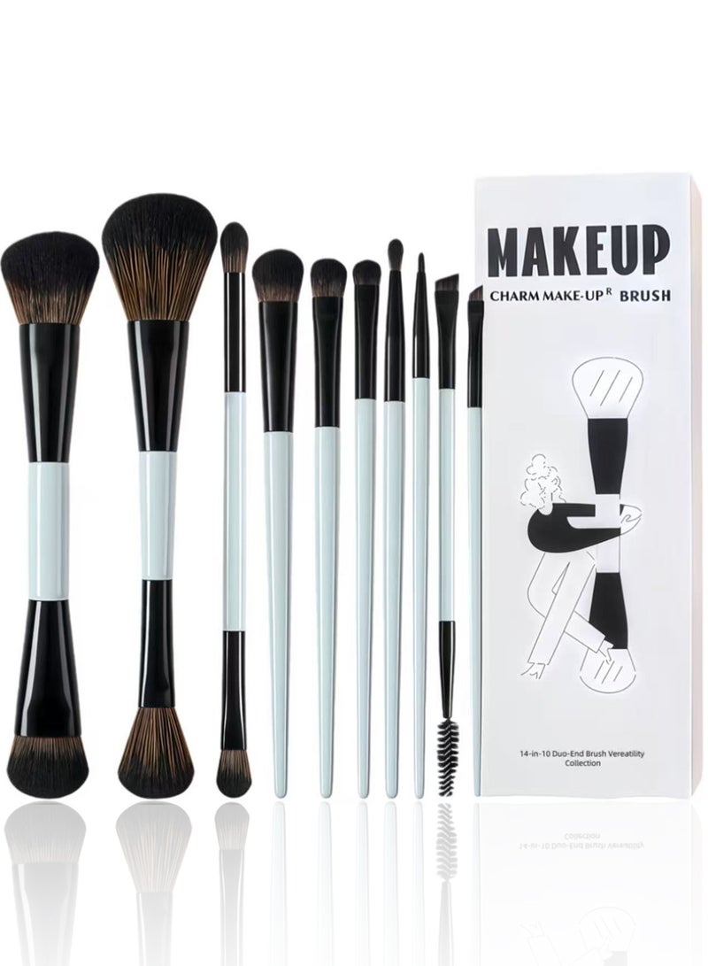 Jessup Makeup Brushes Set 10pcs, Double Sided Foundation Contour Blush Highlight Blending Eyebrow Brush Eyeshadow Eyeliner Concealer Brush, Bright Cyan Cruelty Free Cosmetic Tools T500 - Image 1