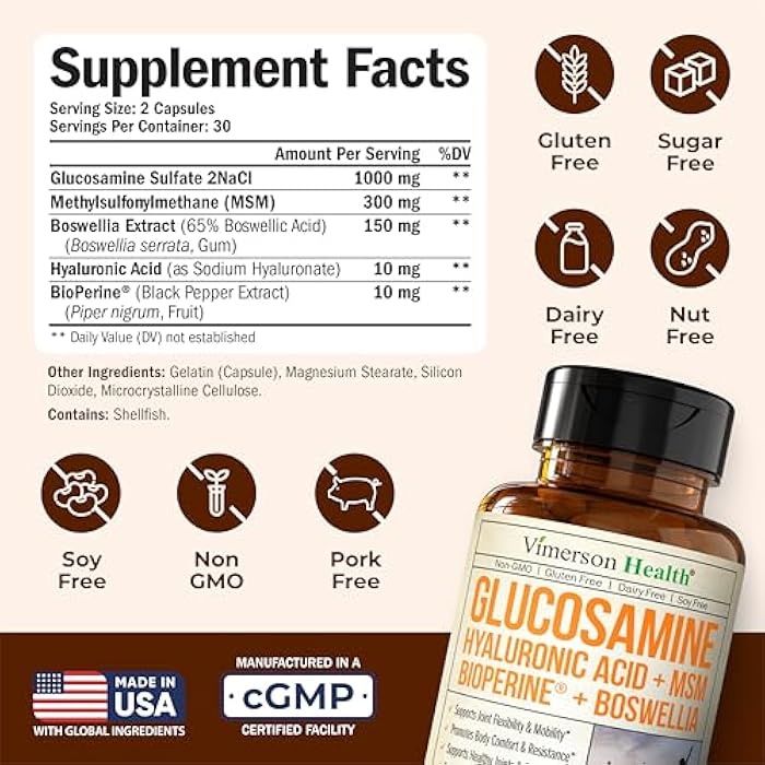 Vimerson Health Joint Support Supplement with Glucosamine Sulfate, Hyaluronic Acid, Boswellia & MSM – Supports Joint Health, Mobility & Bone Strength – for Daily Use – FSA Eligible 60 Capsules - Image 3