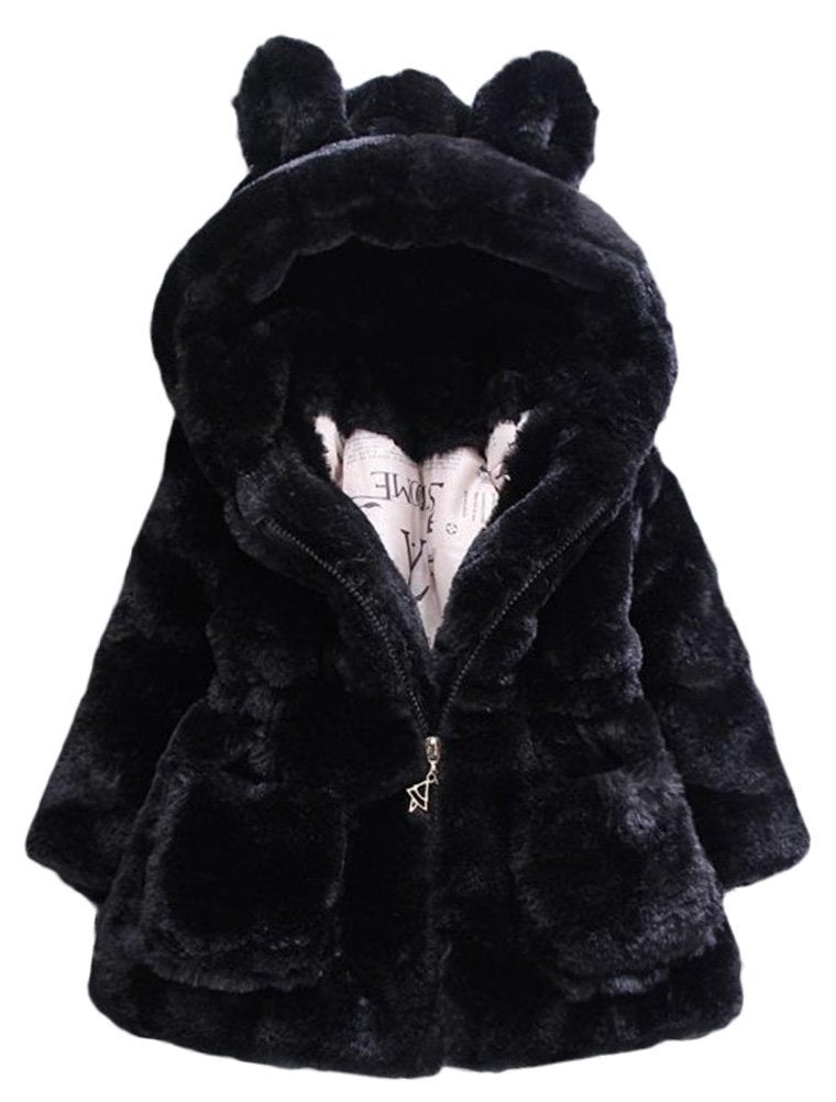Mallimoda Girls Winter Warm Coats Ear Hooded Faux Fur Fleece Jacket Black 34 Years - Image 2