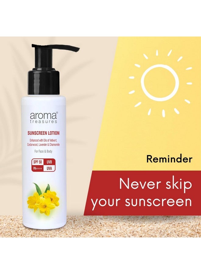 Aroma Treasures لوشن واقي من الشمس من أروما تريجرز مع SPF 50 | مقاوم للماء | حماية من UVA/UVB، معزّز باللافندر، البابونج والفتيفير | سهل التطبيق لجميع أنواع البشرة، للوجه والجسم | SPF 50 | (100 جرام) عبوة من 2 - Image 3