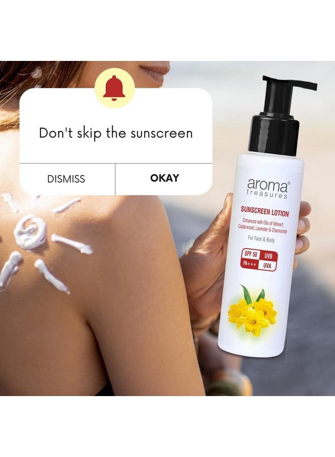 Aroma Treasures لوشن واقي من الشمس من أروما تريجرز مع SPF 50 | مقاوم للماء | حماية من UVA/UVB، معزّز باللافندر، البابونج والفتيفير | سهل التطبيق لجميع أنواع البشرة، للوجه والجسم | SPF 50 | (100 جرام) عبوة من 2 - Image 4