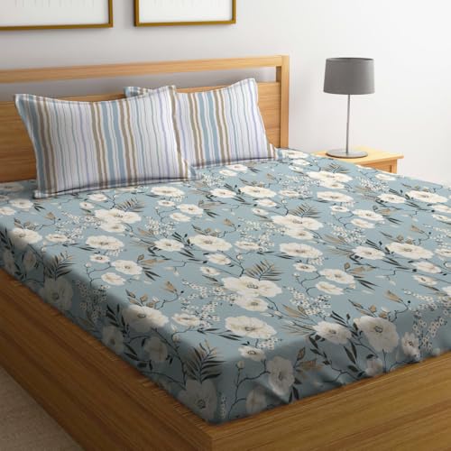 LOOMLYFE 300 TC Microfiber XXL Soft Cotton Super King Size Bedsheet for Double Bed, King Size 108 Inches X 108 Inches, 9 Feet, 275 X 275 cm with 2 Large Size Pillow Covers - SkyBlueFlowers - Image 1