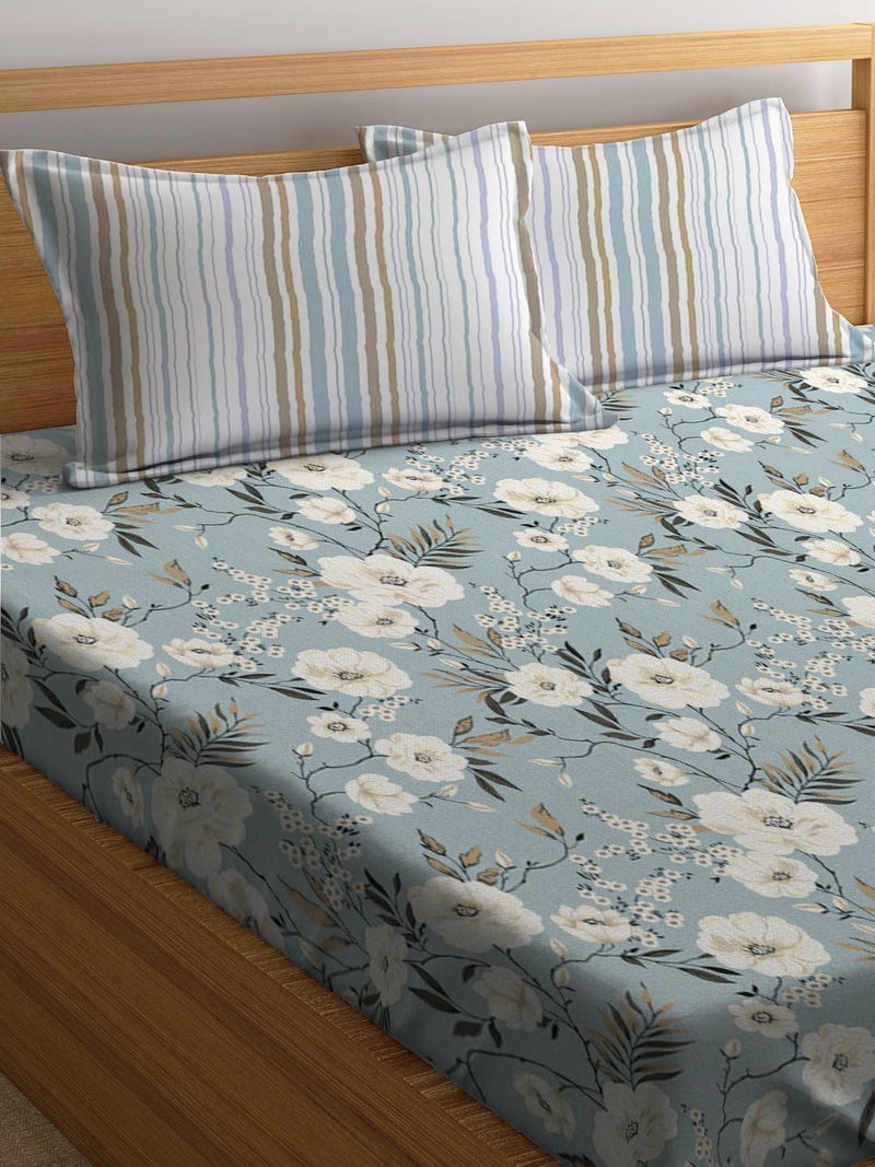LOOMLYFE 300 TC Microfiber XXL Soft Cotton Super King Size Bedsheet for Double Bed, King Size 108 Inches X 108 Inches, 9 Feet, 275 X 275 cm with 2 Large Size Pillow Covers - SkyBlueFlowers - Image 2