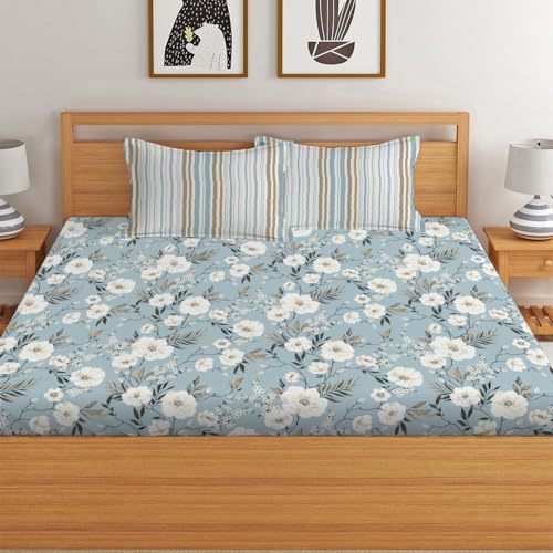 LOOMLYFE 300 TC Microfiber XXL Soft Cotton Super King Size Bedsheet for Double Bed, King Size 108 Inches X 108 Inches, 9 Feet, 275 X 275 cm with 2 Large Size Pillow Covers - SkyBlueFlowers - Image 3