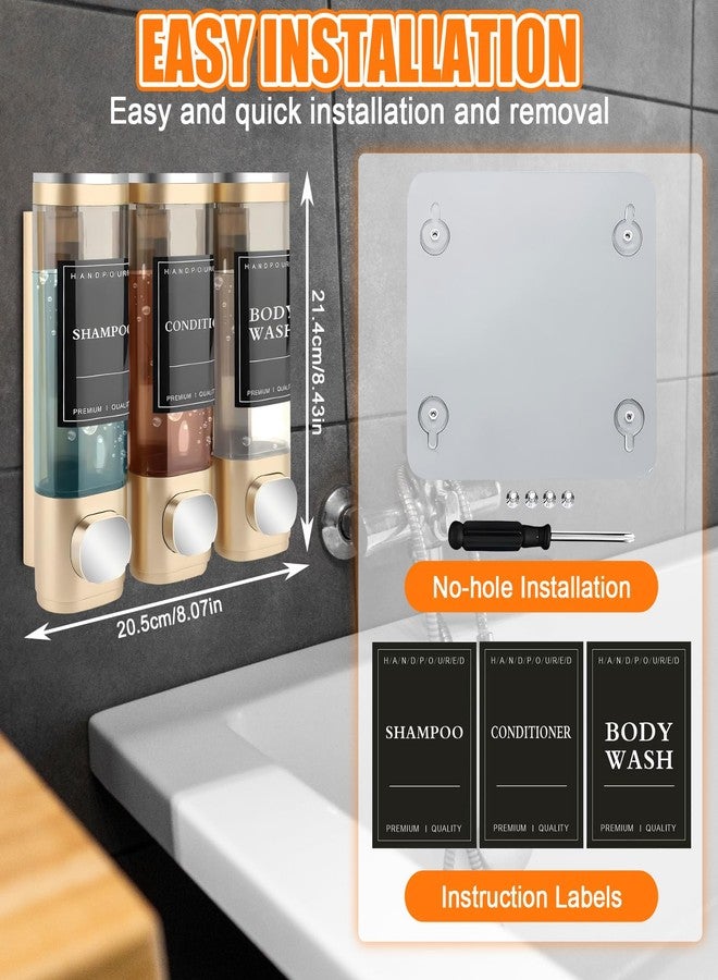 AGJIQ Soap Dispenser, Shampoo and Conditioner Dispenser for Shower, 3 * 300ml Press Liquid Soap Dispenser, Wall Mounted No Drill Shampoo Dispenser for Kitchen Bathroom Hotel (Gold) - Image 3