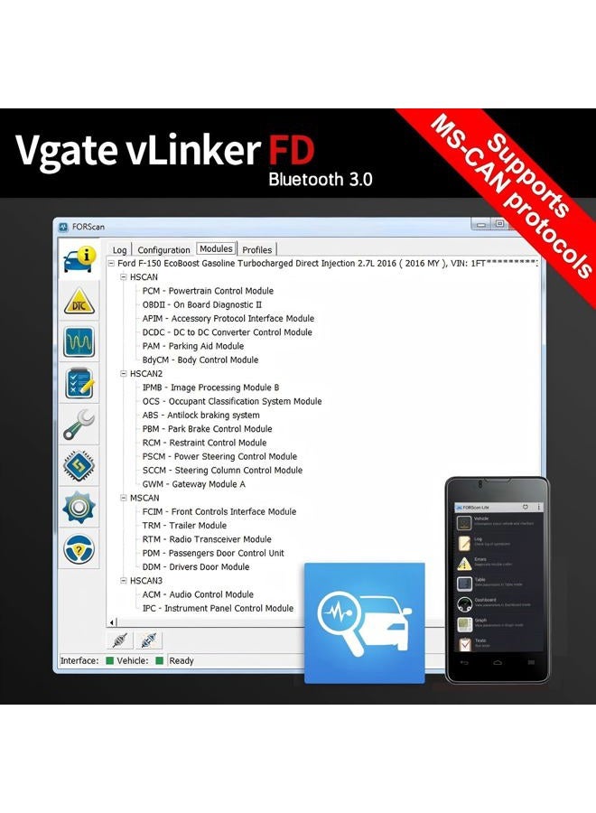 Vgate قارئ رموز السيارة Vgate vLinker FD OBD2 بلوتوث، ماسح تشخيصي OBD2 لنظامي أندرويد وويندوز - مصمم لـ FORScan - Image 2