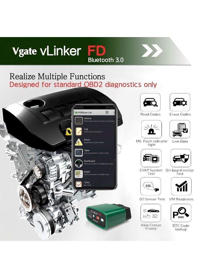Vgate قارئ رموز السيارة Vgate vLinker FD OBD2 بلوتوث، ماسح تشخيصي OBD2 لنظامي أندرويد وويندوز - مصمم لـ FORScan - Image 5