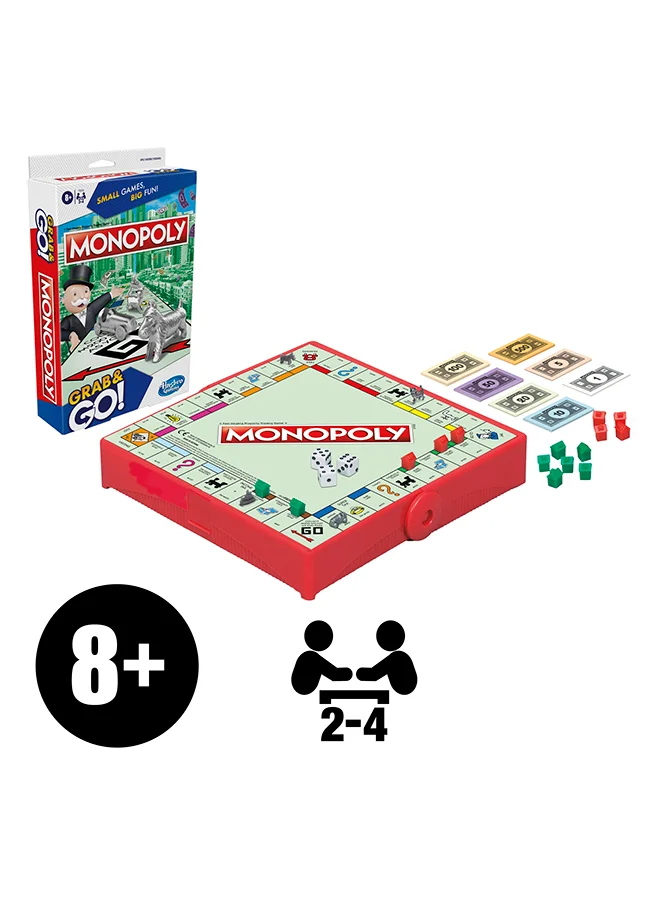 مونوبولي Monopoly Grab and Go Game for Kids Ages 8 and Up, Portable Game for 2-4 Players, Travel Game for Kids