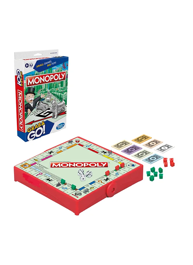 مونوبولي Monopoly Grab and Go Game for Kids Ages 8 and Up, Portable Game for 2-4 Players, Travel Game for Kids