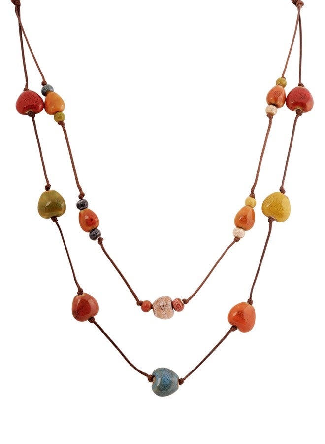 MINACHI Hippie Boho Double Layered Colorful Ceramic Heart Round Bead Necklace, Bohemian Jewelry Gifts for Women (1) - Image 1