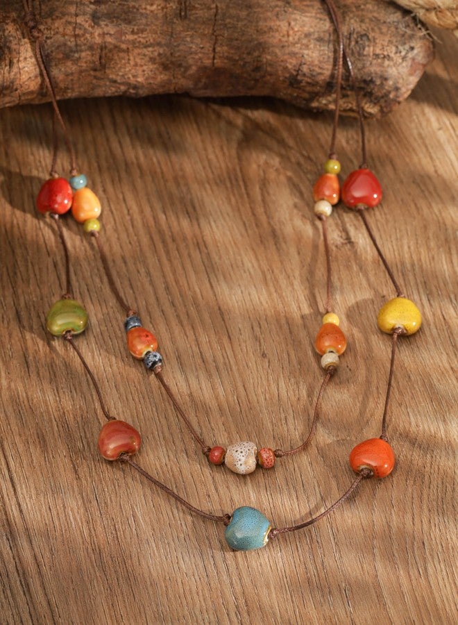 MINACHI Hippie Boho Double Layered Colorful Ceramic Heart Round Bead Necklace, Bohemian Jewelry Gifts for Women (1) - Image 2
