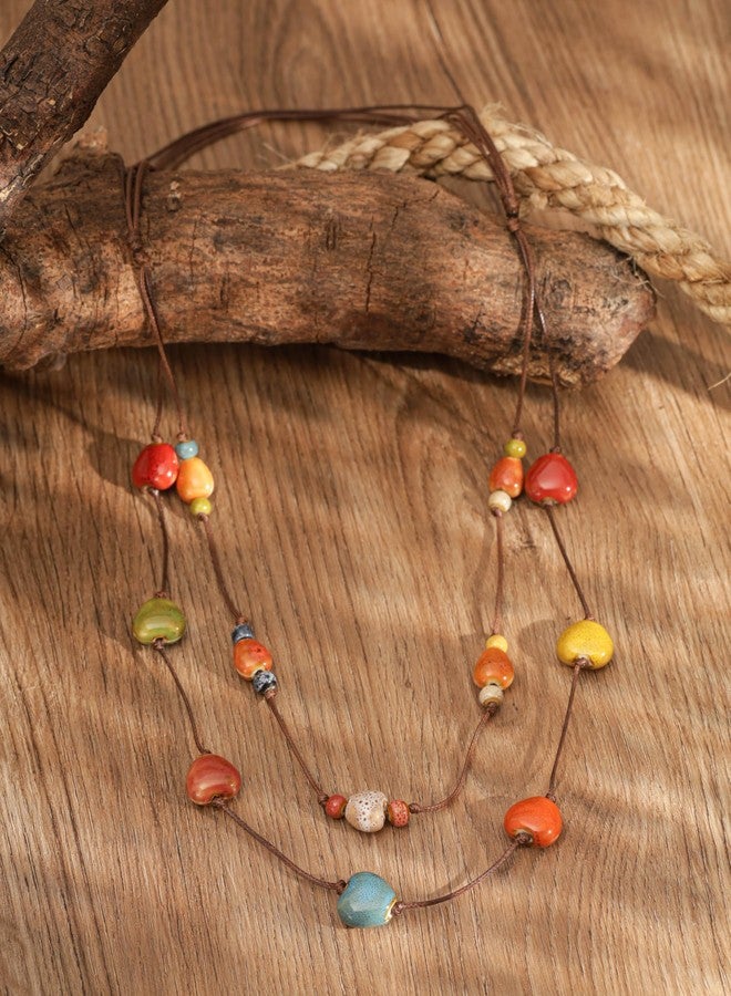 MINACHI Hippie Boho Double Layered Colorful Ceramic Heart Round Bead Necklace, Bohemian Jewelry Gifts for Women (1) - Image 4
