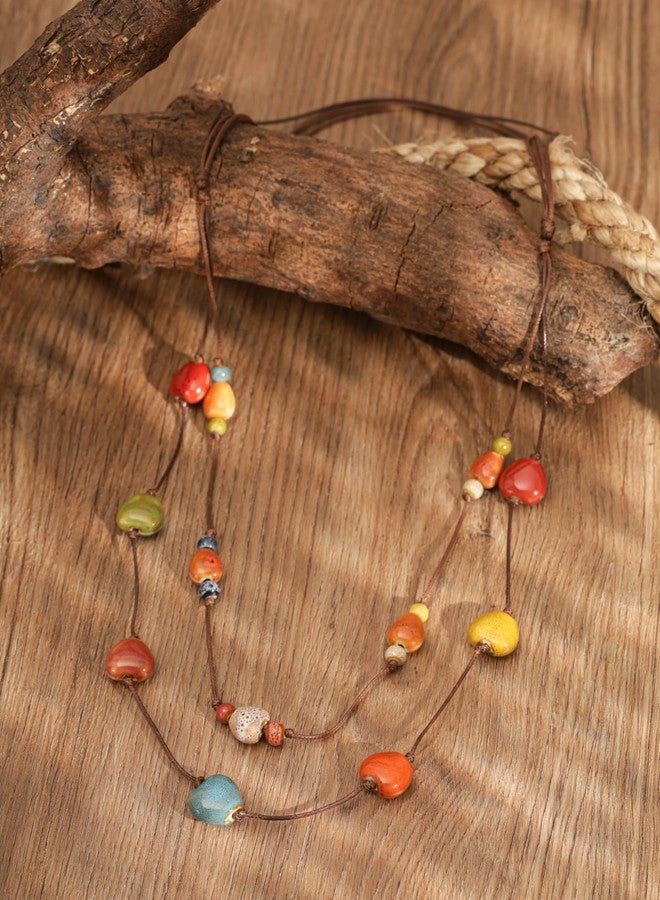 MINACHI Hippie Boho Double Layered Colorful Ceramic Heart Round Bead Necklace, Bohemian Jewelry Gifts for Women (1) - Image 3