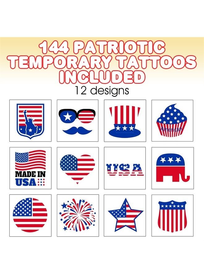 ArtCreativity Patriotic Tattoos for Kids, Bulk Pack of 144, July 4th Party Favors, Non-Toxic 1.5 Inch Temporary Tats, Red, White, and Blue Accessories for Memorial, Veterans Day, Assorted Designs