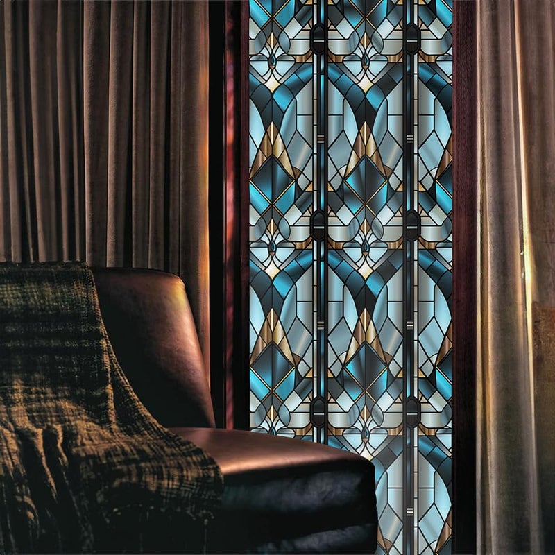 REDAMANCY Grey Blue Geometric Modern Stained Glass Window Films Decorative Double-Side Privacy Film Self-Adhesive Static Window Clings for Living Room Bathroom Decor - Image 2