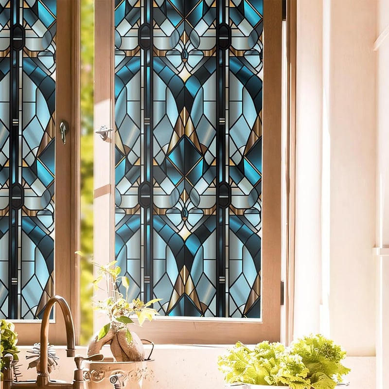 REDAMANCY Grey Blue Geometric Modern Stained Glass Window Films Decorative Double-Side Privacy Film Self-Adhesive Static Window Clings for Living Room Bathroom Decor - Image 1