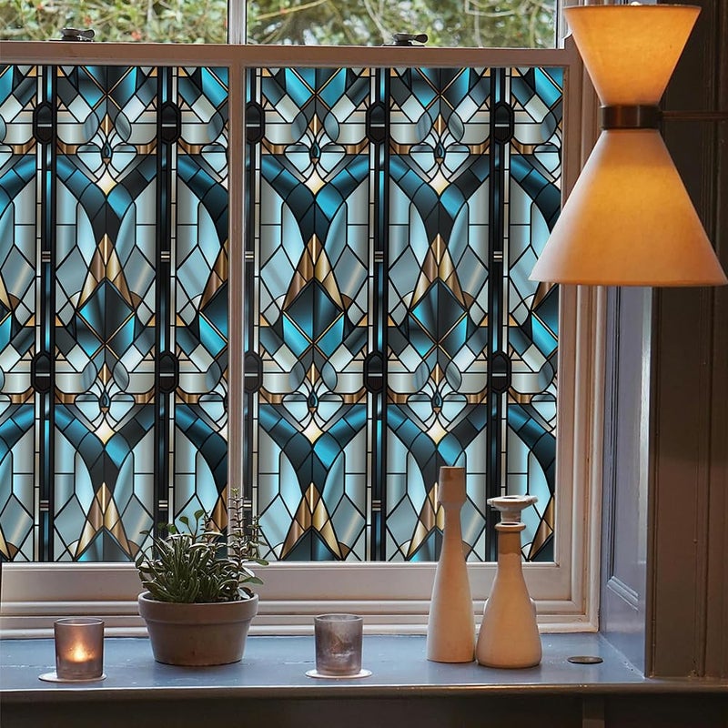 REDAMANCY Grey Blue Geometric Modern Stained Glass Window Films Decorative Double-Side Privacy Film Self-Adhesive Static Window Clings for Living Room Bathroom Decor - Image 3