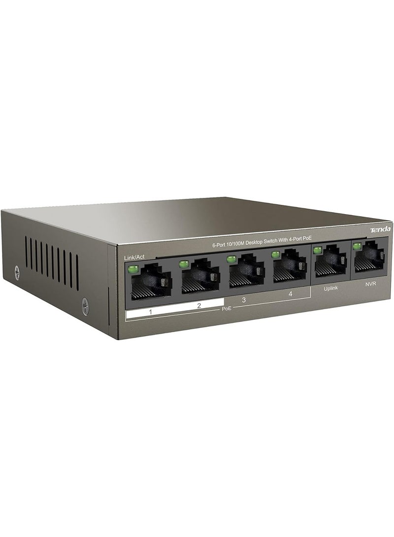 Tenda PoE Switch 6-Port 10/100Mbps (4 PoE+ & 2 Uplink Ports, 58 W for all PoE Ports, QoS, 250m Transmission Distance, 802.3at/af, Desktop/Wall Mounting, Metal Case, Plug and Play) (TEF1106P-4-63W) Brown - Image 2