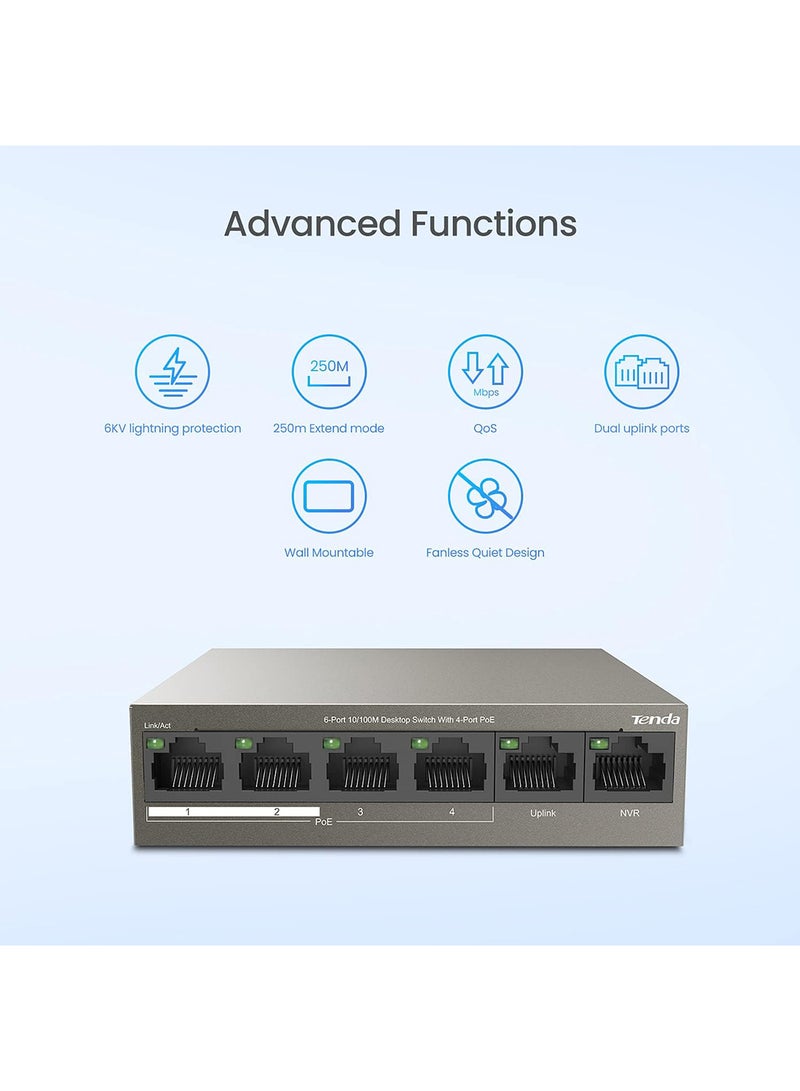 Tenda PoE Switch 6-Port 10/100Mbps (4 PoE+ & 2 Uplink Ports, 58 W for all PoE Ports, QoS, 250m Transmission Distance, 802.3at/af, Desktop/Wall Mounting, Metal Case, Plug and Play) (TEF1106P-4-63W) Brown - Image 3
