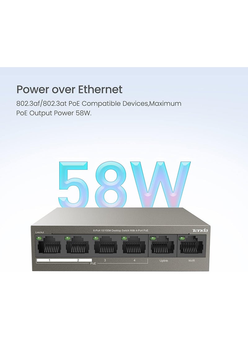 Tenda PoE Switch 6-Port 10/100Mbps (4 PoE+ & 2 Uplink Ports, 58 W for all PoE Ports, QoS, 250m Transmission Distance, 802.3at/af, Desktop/Wall Mounting, Metal Case, Plug and Play) (TEF1106P-4-63W) Brown - Image 4