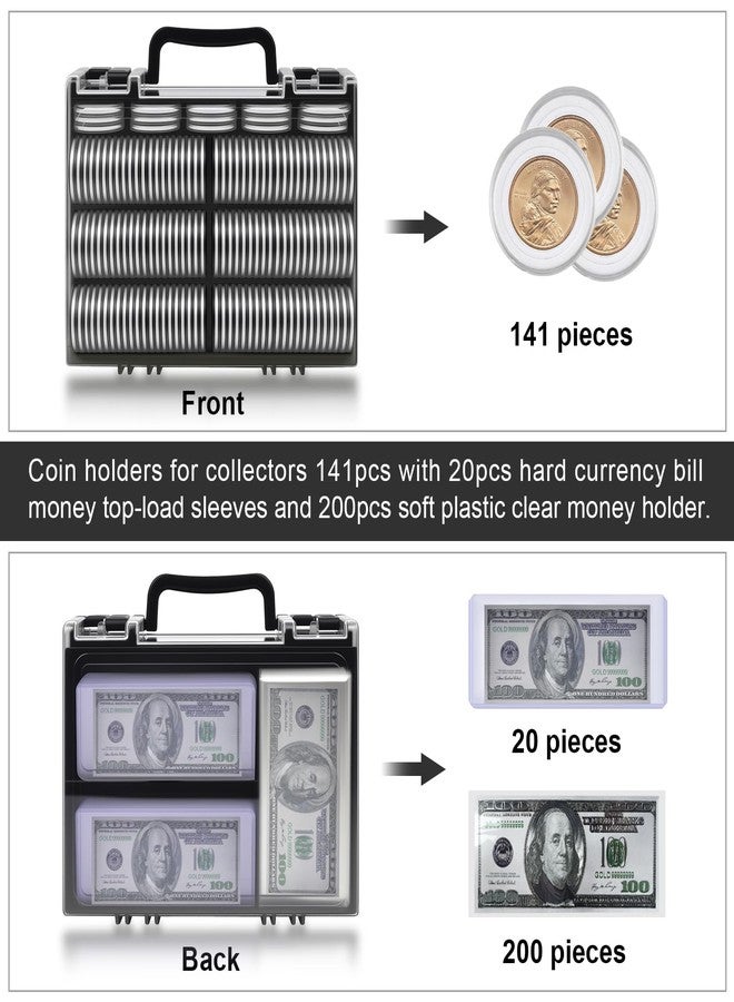 ALCYON Coin Collector Case Holder with 141 pcs Capsules with Foam Gaskets & 220 Dollar Bill Sleeve - All-in-One Coin Collection Supplies Storage Organizer Box for Secure Coin and Paper Money Display- Black - Image 2