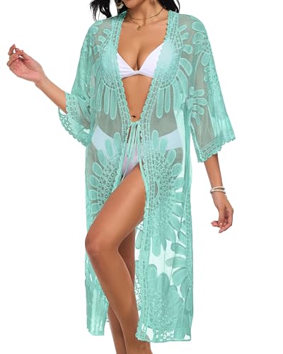 CHICGAL Womens Swimsuit Coverup Lace Bathing Suit Cover Up Beach Kimonos Long Cardigan Open Front Swimwear (Mint Green,One Size) - Image 2
