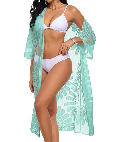 CHICGAL Womens Swimsuit Coverup Lace Bathing Suit Cover Up Beach Kimonos Long Cardigan Open Front Swimwear (Mint Green,One Size) - Image 5