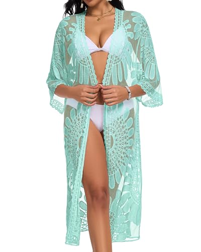 CHICGAL Womens Swimsuit Coverup Lace Bathing Suit Cover Up Beach Kimonos Long Cardigan Open Front Swimwear (Mint Green,One Size) - Image 3