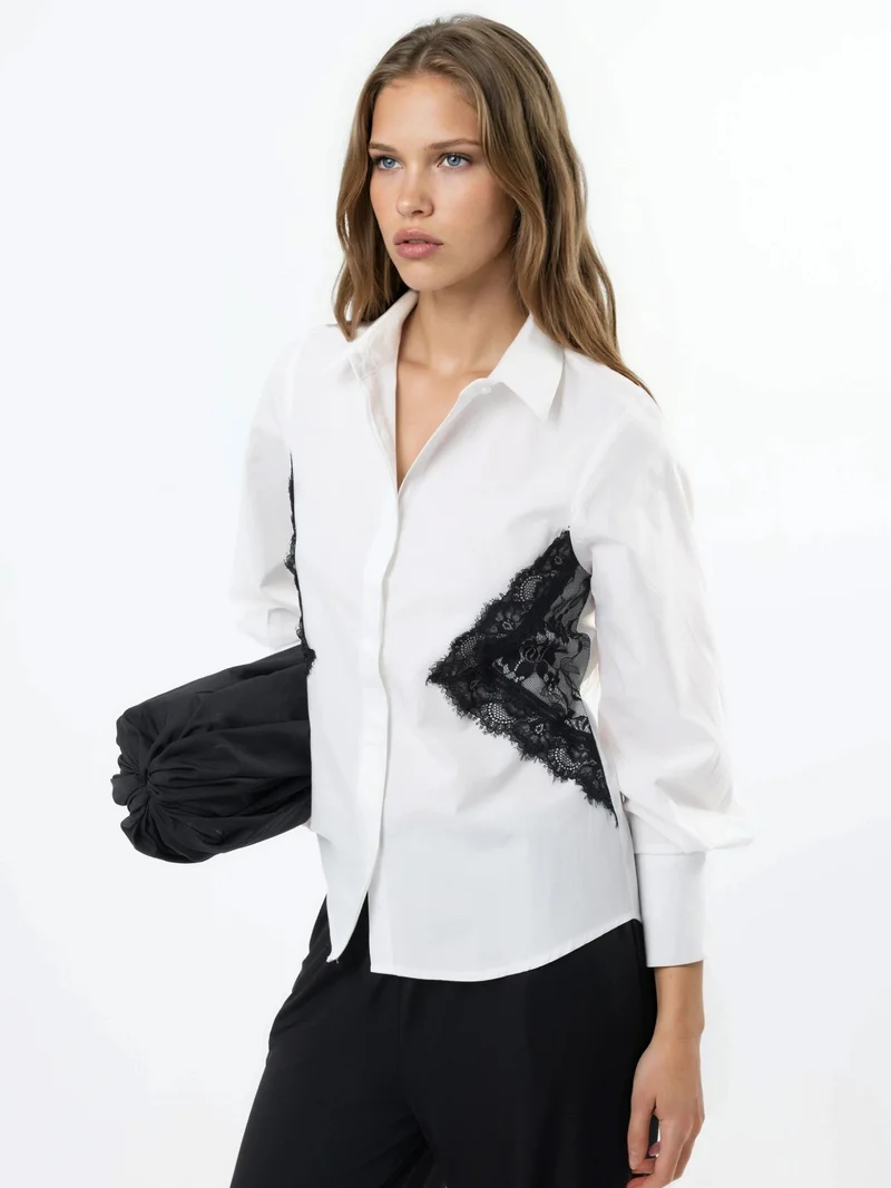 Qustyle QU STYLE Lace Detailed Fitted Poplin Shirt