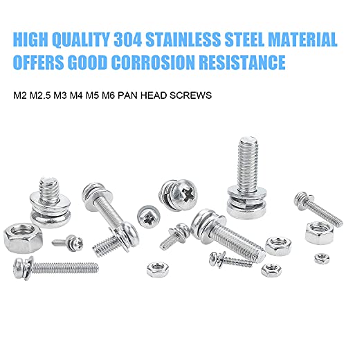 DYWISHKEY 480 PCS M2 M2.5 M3 M4 M5 M6, 304 Stainless Steel Phillips Pan Head Screws Combine with Spring Washer and Flat Washers Nuts Assortment Kit - Image 2