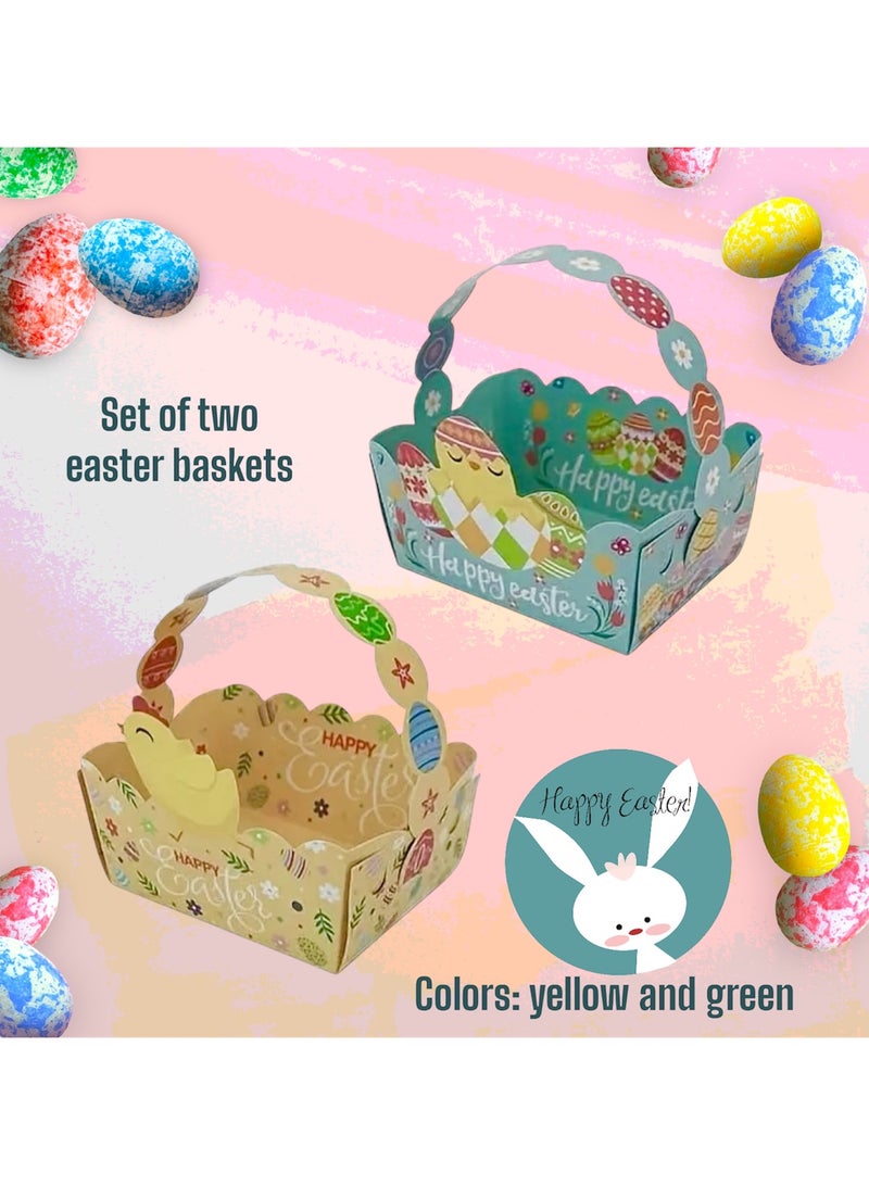 2pcs Happy Easter Egg Hunt Paper Baskets for Kids, Green Yellow, Bunny and Chick Designs for Boys Girls Children Festive Celebration Suprise Gift - Image 5