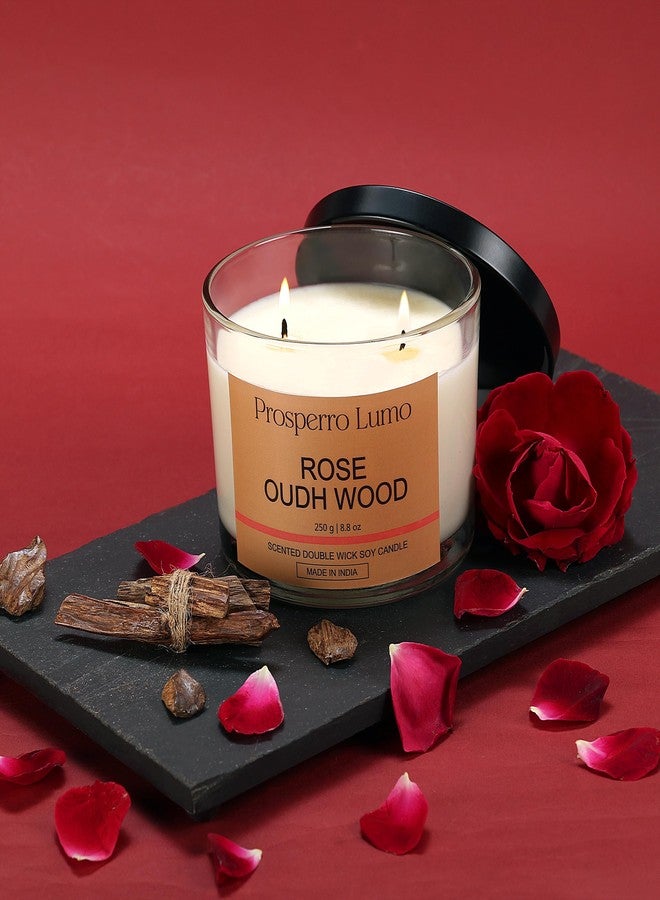 PROSPERRO LUMO by Parkash Candles Premium Scented Soy Wax Candle, 250 gm, 25-30 Hrs | Luxury Aroma Therapy Dual Wick Votive Jar Candle | Scented Candles for Home Decor Gift Set (Rose OUDH Wood) - Image 2