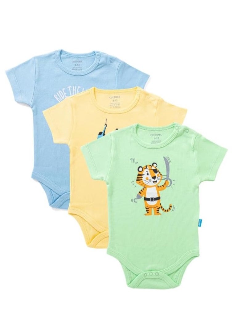 COTTONIL Baby Boys Half Sleeves Onesies "With Snap Closure" - Bundle of 3  - Image 1