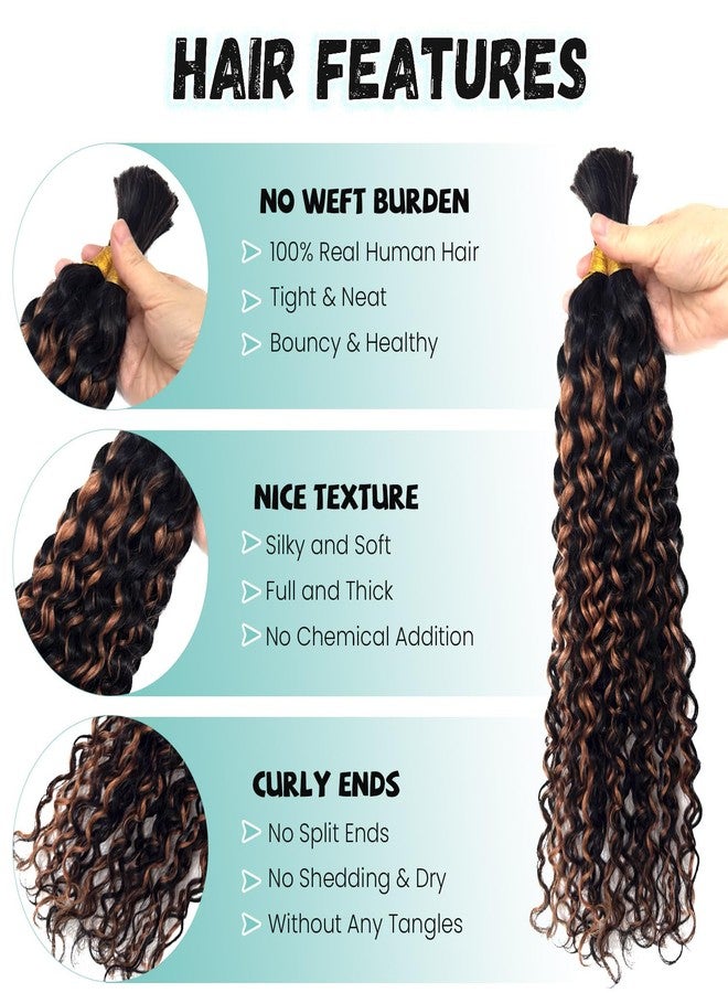 Ubetta Auburn Brown Highlights Braiding Human Hair 2 Bundles 100G Deep Water Wave Curly Human Hair Bulk Boho Hair for Braiding, 22 Inch No Weft 12A Curly Braiding Hair for Boho Braids Human Braiding Hair - Image 3