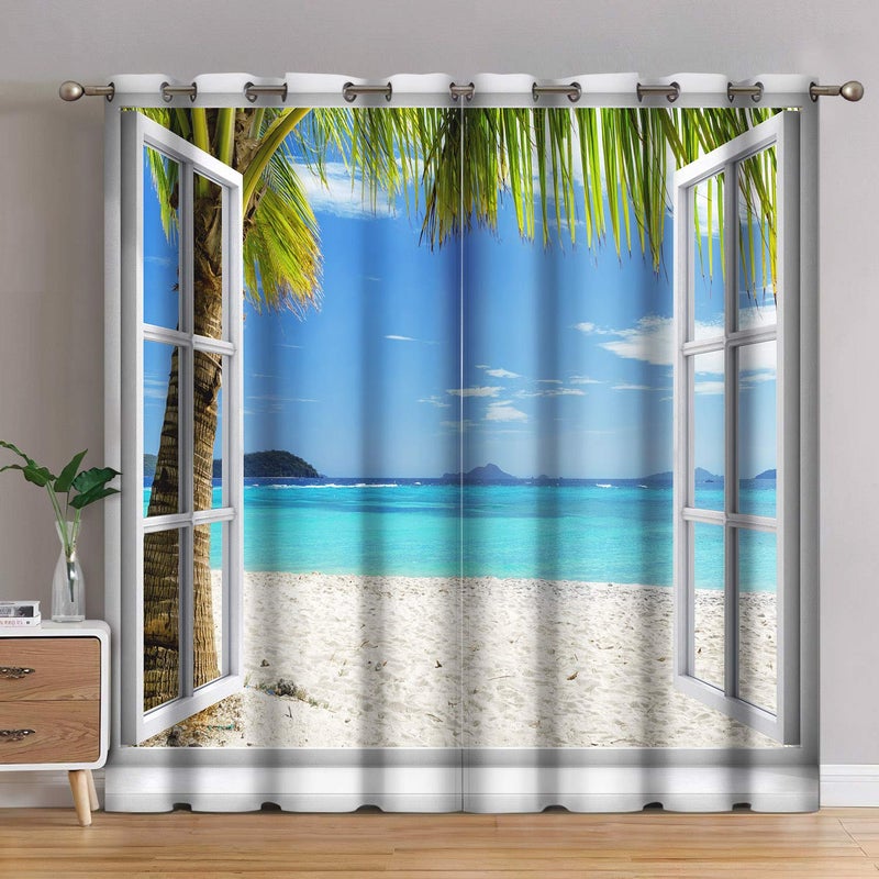 Jekeno Ocean Beach Palm Trees Blackout Curtains Summer Tropical Island Decor Seaside White Wooden Window View Print Grommet Window Drapes for Bedroom Living Room 2 Panel Set 52x84
