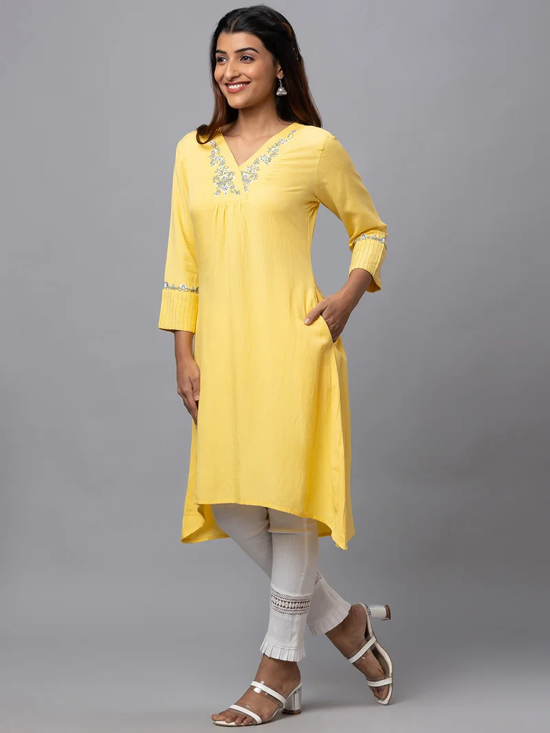globus Women Embroidered V-Neck A-Line Kurta
