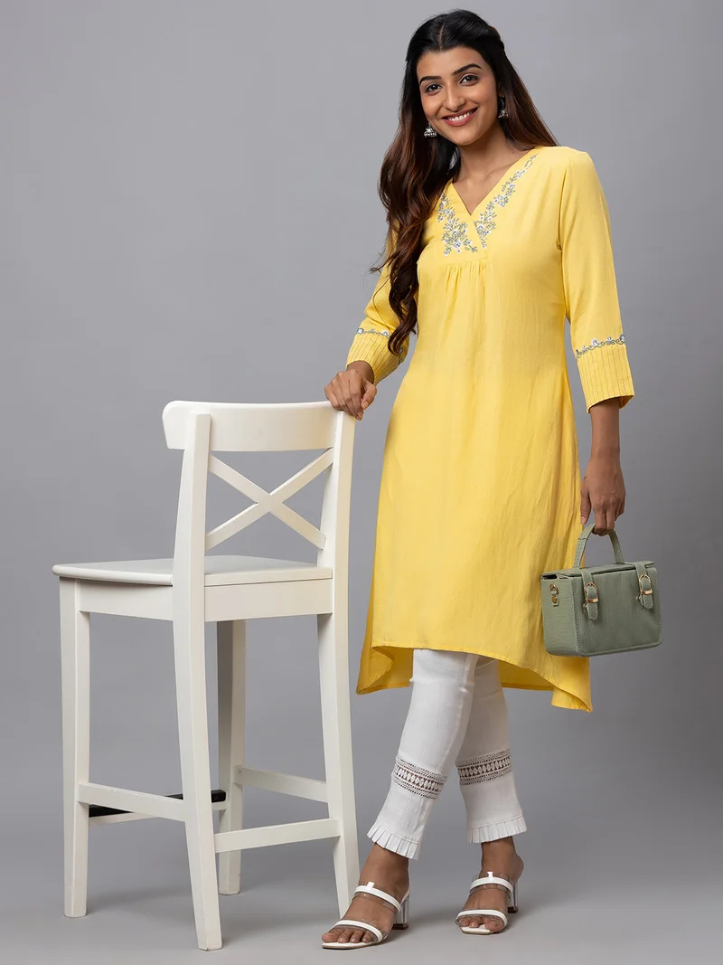 globus Women Embroidered V-Neck A-Line Kurta