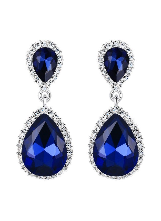 EVER FAITH Women'S Austrian Crystal Wedding Tear Drop Dangle Earrings Navy Blue Silver-Tone  - Image 1