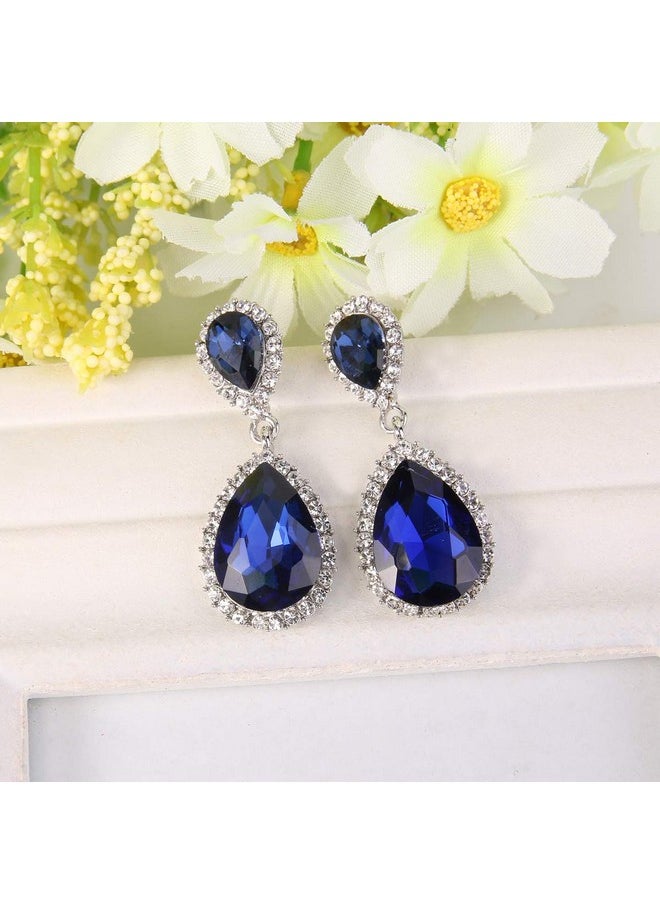 EVER FAITH Women'S Austrian Crystal Wedding Tear Drop Dangle Earrings Navy Blue Silver-Tone  - Image 3
