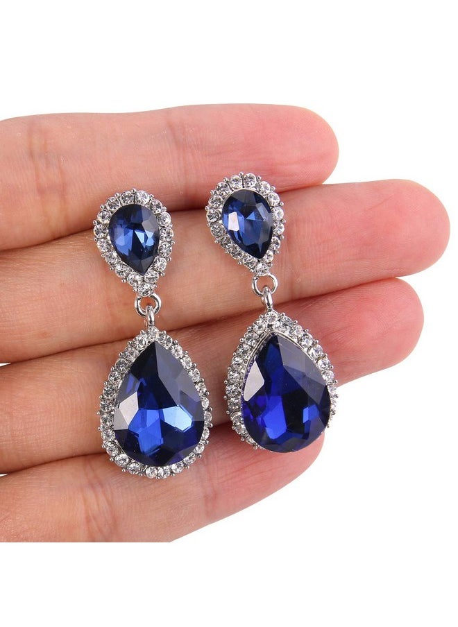 EVER FAITH Women'S Austrian Crystal Wedding Tear Drop Dangle Earrings Navy Blue Silver-Tone  - Image 4