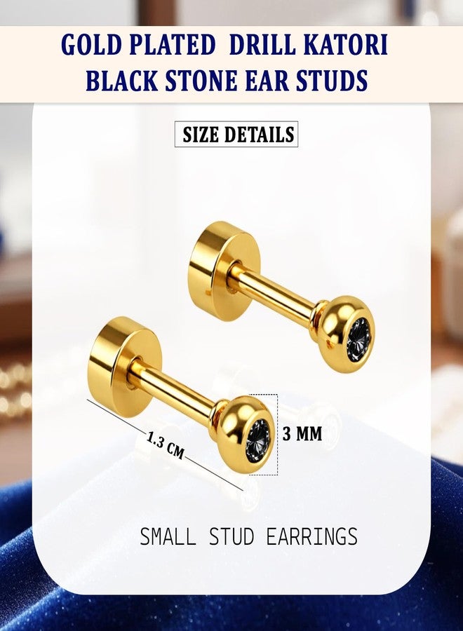 VAMA FASHIONS 3mm 18K Gold Plated Stainless Steel Anti Tranish Black Stone Katori Shape Small Ear Studs Hypoallergenic Lightweight Stud Earrings for Boys - Image 3