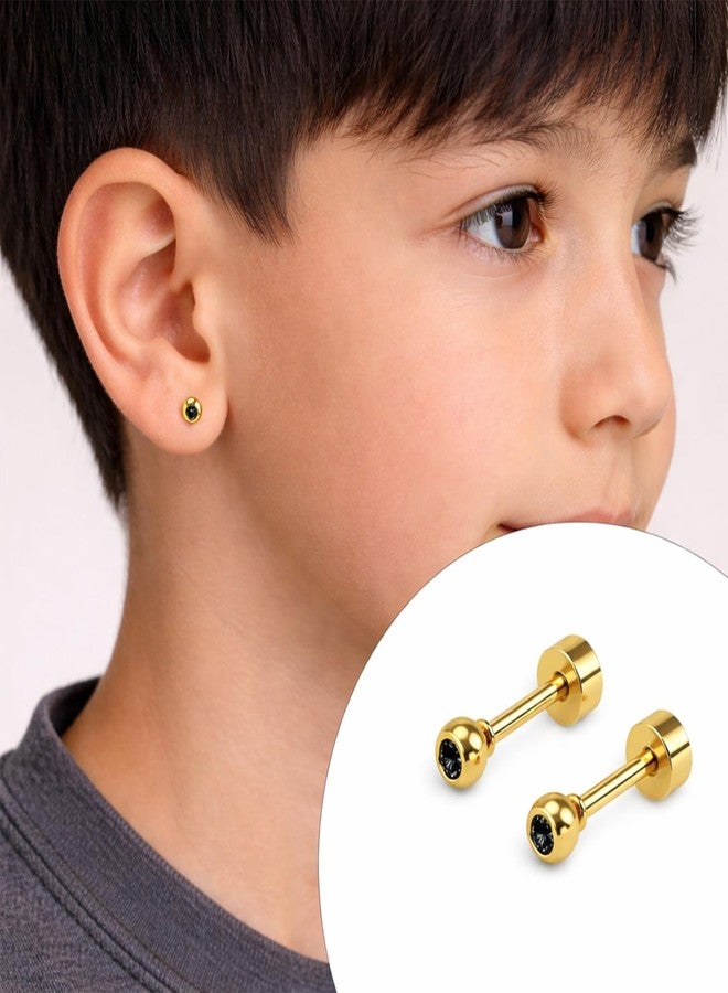 VAMA FASHIONS 3mm 18K Gold Plated Stainless Steel Anti Tranish Black Stone Katori Shape Small Ear Studs Hypoallergenic Lightweight Stud Earrings for Boys - Image 2