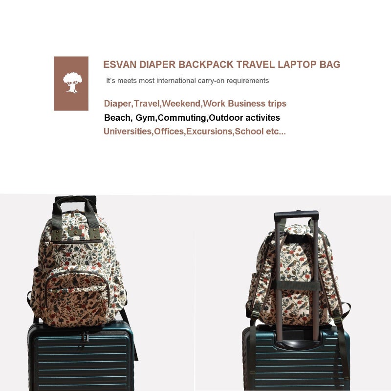 ESVAN Diaper Bag Backpack, Large Capacity Multifunction Baby Essentials Fashion Travel Pack Linen Canvas office Laptop Bag (Corduroy Leaf Bird) - Image 5