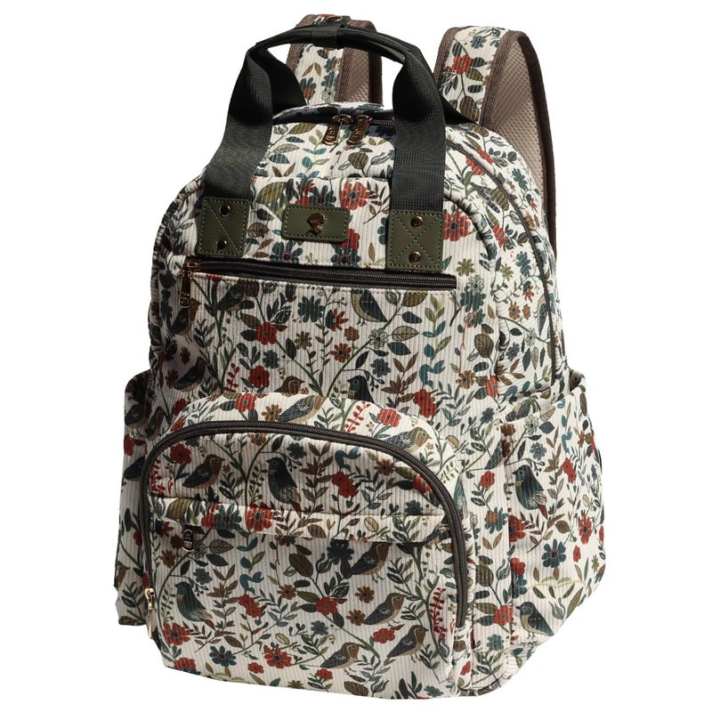 ESVAN Diaper Bag Backpack, Large Capacity Multifunction Baby Essentials Fashion Travel Pack Linen Canvas office Laptop Bag (Corduroy Leaf Bird) - Image 1