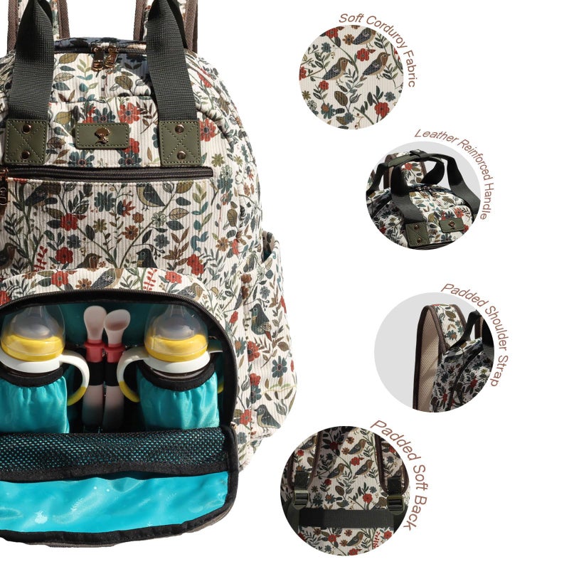 ESVAN Diaper Bag Backpack, Large Capacity Multifunction Baby Essentials Fashion Travel Pack Linen Canvas office Laptop Bag (Corduroy Leaf Bird) - Image 2