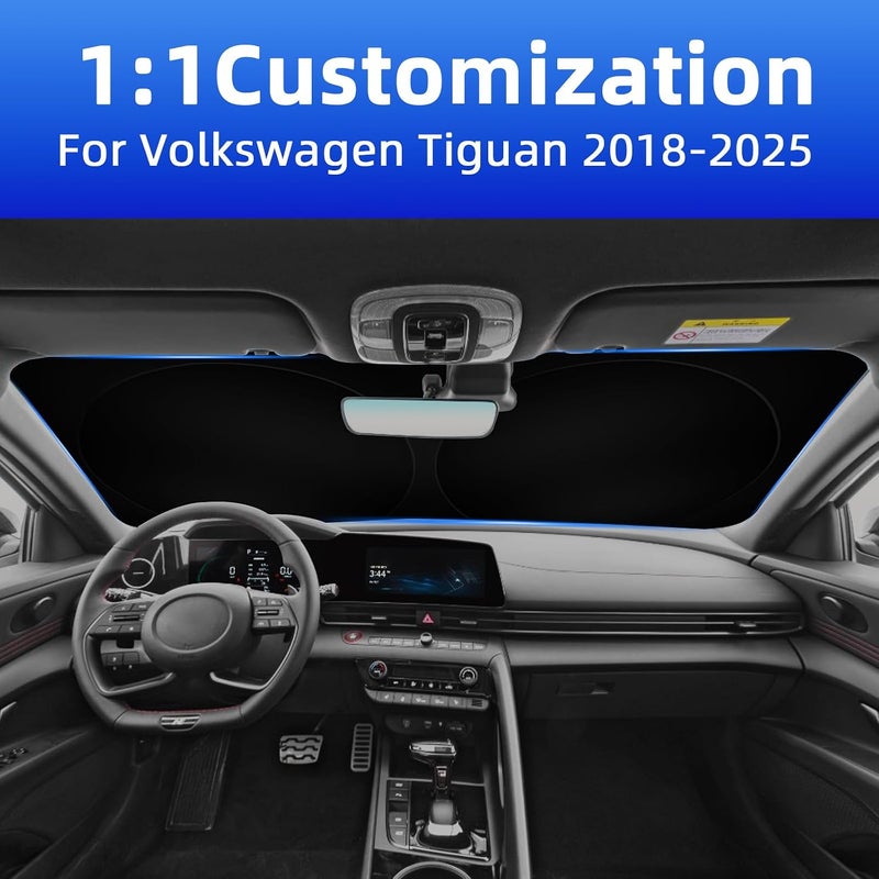 FSHAANY'S Windshield Sun Shade for Volkswagen Tiguan 2018-2025, Front Window Shades Custom Fit for Tiguan, Foldable Car Sun Shield with Steering Wheel Sunshade to Block UV Keep Car Cool - Image 2